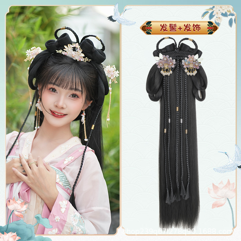 땋은 머리 + 보라색 벚꽃 헤어 액세서리 한 쌍