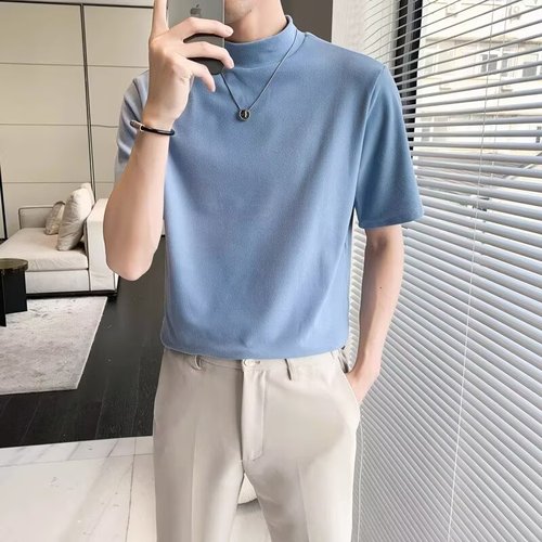 Men's Summer Short Sleeve T-Shirt Ins-Hot Loose Casual Half High Collar Half Sleeve Base Shirt Trendy Cool Stylish Versatile Top