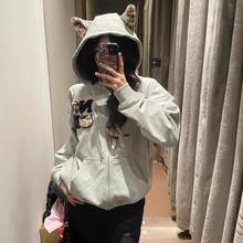 2025新款潮流豹纹毛绒猫头贴布绣耳朵连帽卫衣女秋季