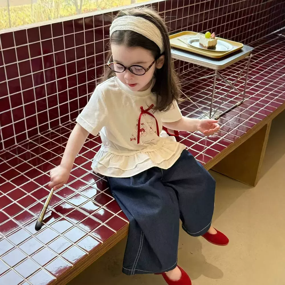 女童t恤短袖2025新款夏季新品洋气时尚女宝宝儿童白色蝴蝶结T上衣