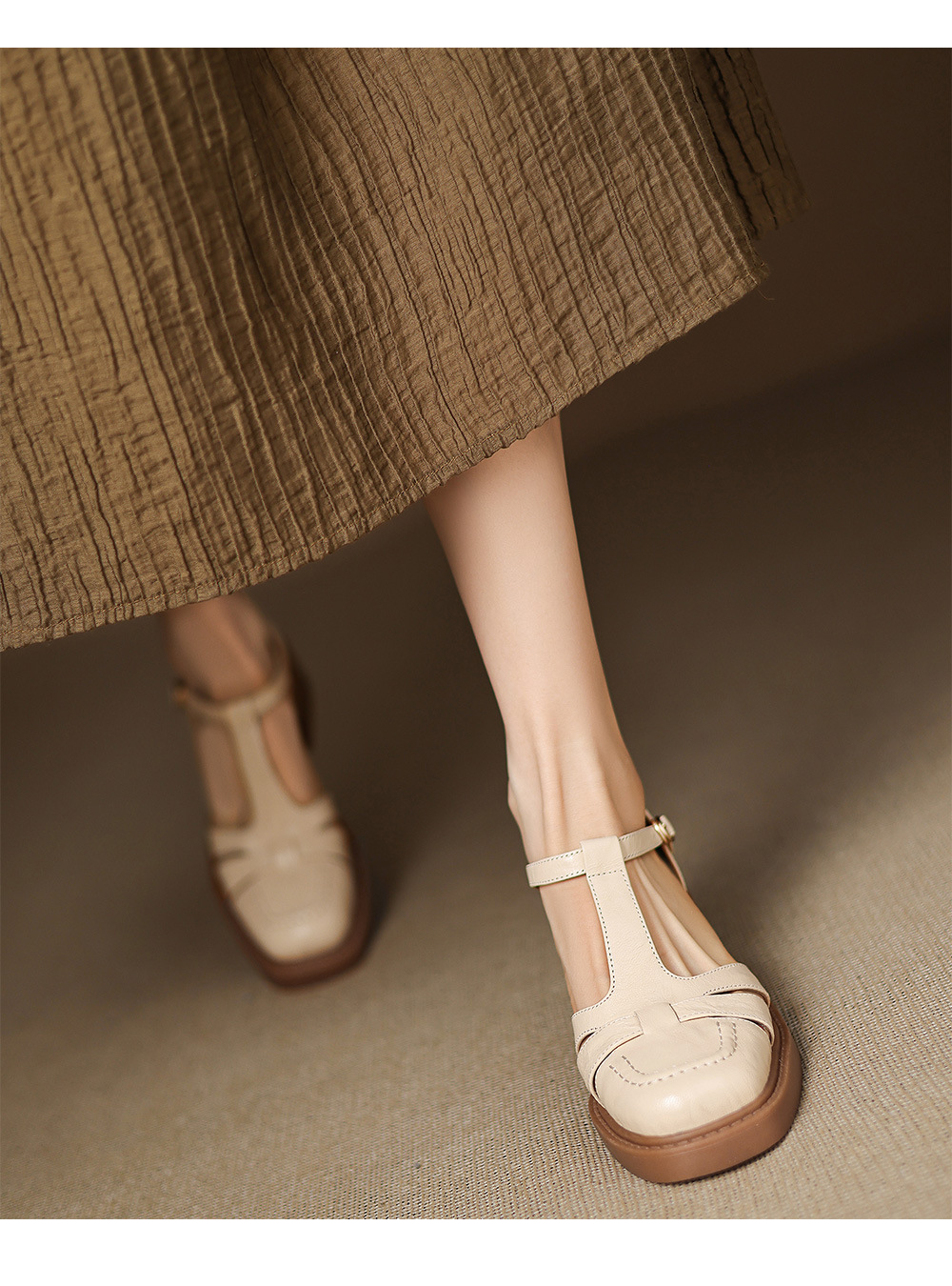 Sandal nữ quai hậu da thật dệt kiểu retro, gót dày, mũi nhọn, đế mềm — Màu trắng nhạt chi tiết 11