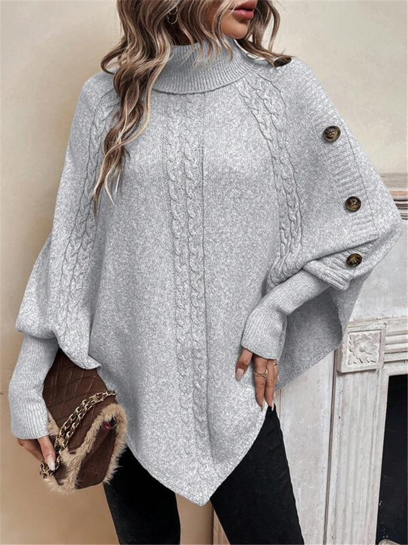 Europa y los Estados Unidos transfronterizos otoño y invierno nuevos suéteres de punto de mujer Amazon moda de cuello alto botón decoración camiseta de murciélagos de manga larga image 7