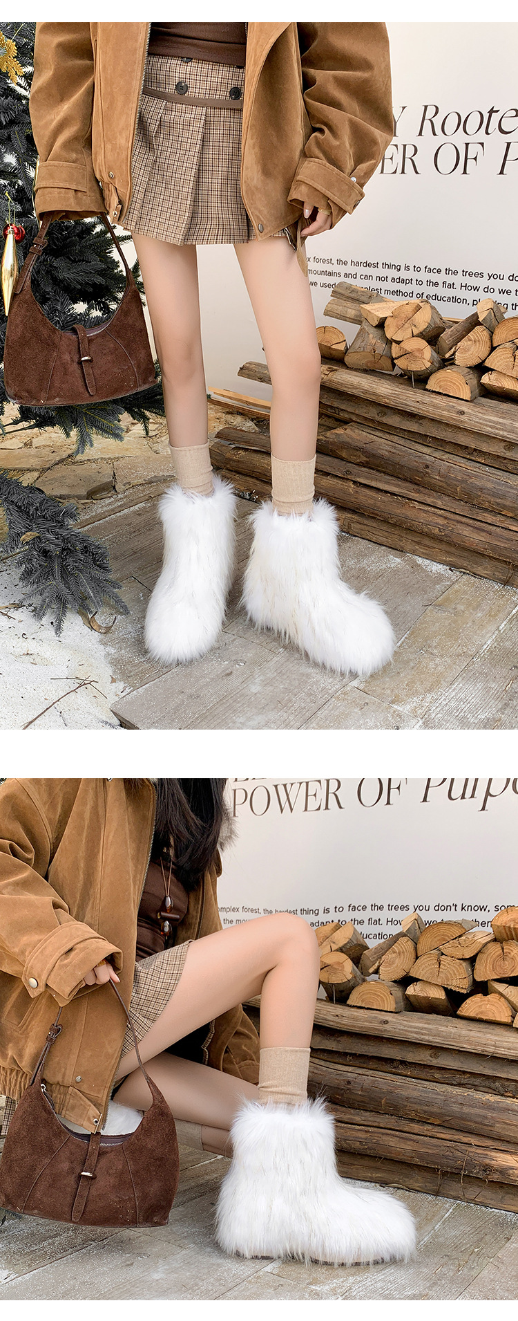 Boot nữ cổ thấp lông trắng đế xuồng tăng chiều cao mùa đông — màu đen chi tiết 16
