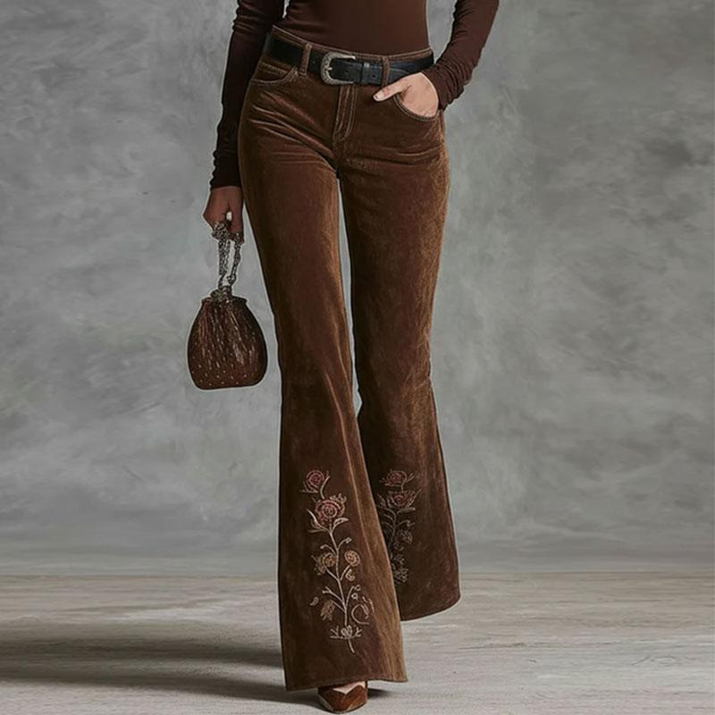 European and American cross-border Amazon vintage embroidered bell-bottom pants, slimming casual fashion plant floral corduroy trousers for women