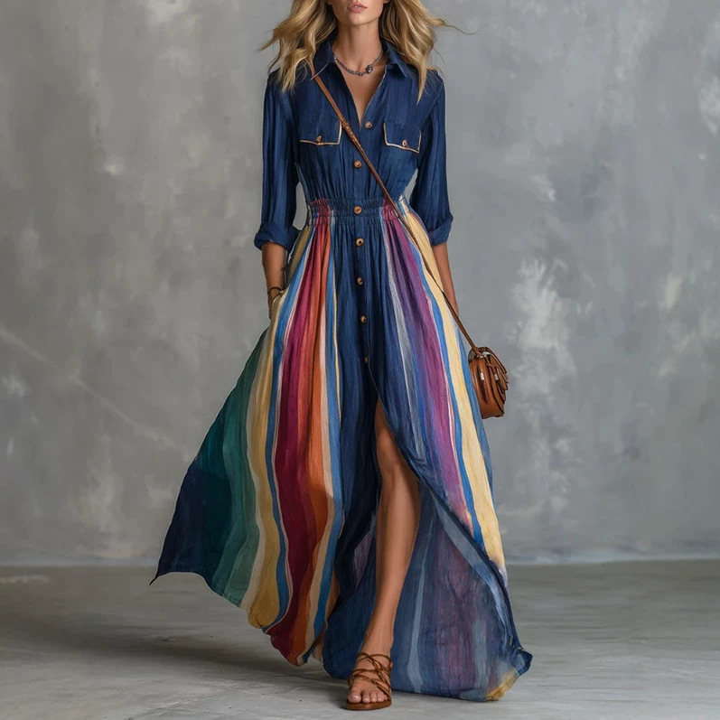 European and American cross-border independent website vintage fashion navy blue patchwork striped long dress