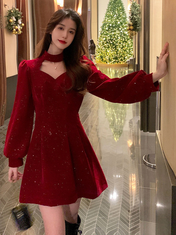 Red summer demi-season evening dress for bride