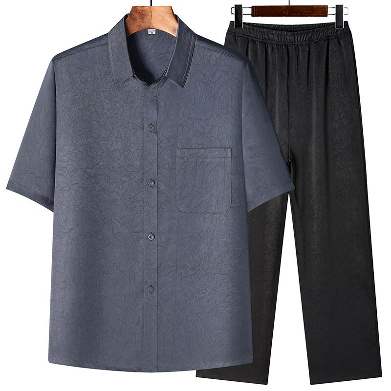 Новая летняя рубашка с коротким рукавом и отложным воротником из ацетата для мужчин среднего и пожилого возраста, рубашка для папы, дедушки, повседневный костюм