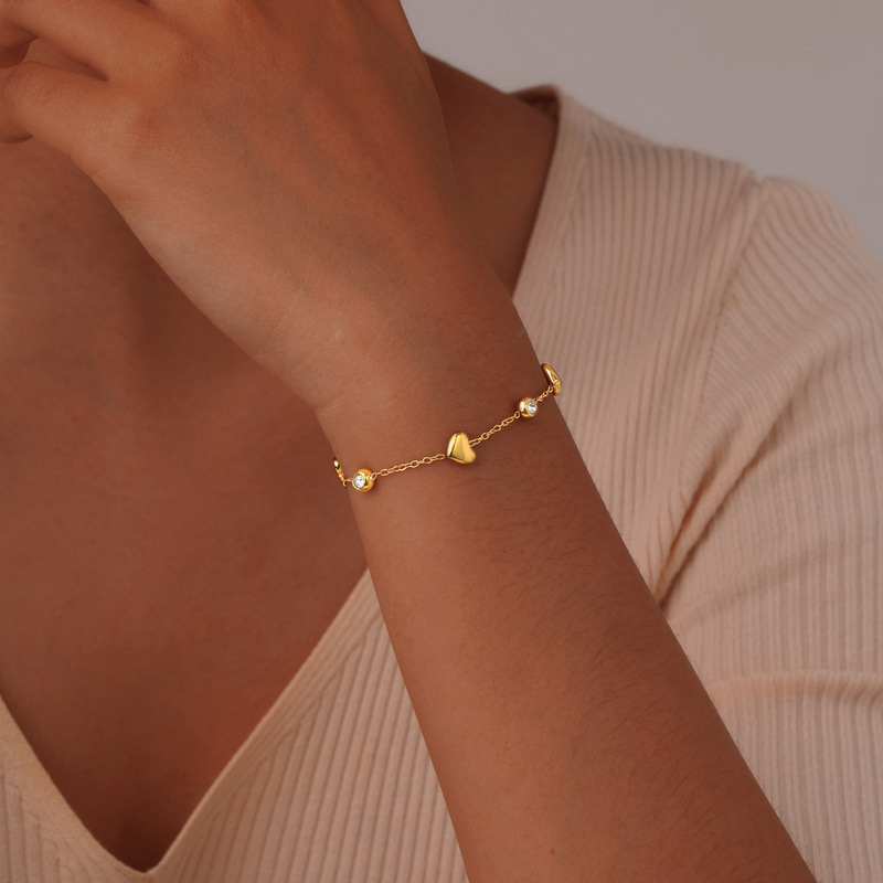 Huan Mu Jewelry Stainless Steel Flat Cross Chain Zircon Heart-Shaped Bracelet Gold Personalized All-Match Bracelet