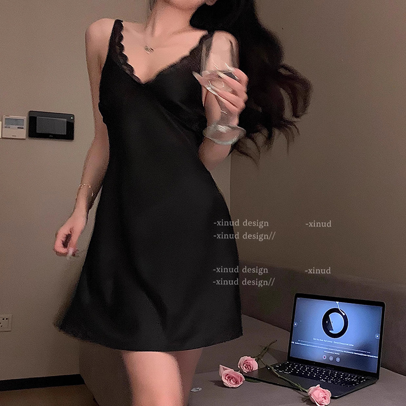 Ropa de verano con cojín de pecho colgante V-collar pijama sexy puro encaje delgado pijama de seda de nieve de color sólido mujer