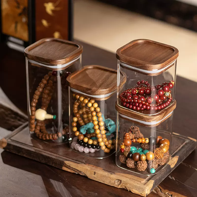 高硼硅玻璃储物罐厨房收纳瓶茶叶杂粮糖果竹木盖密封罐方形储物罐