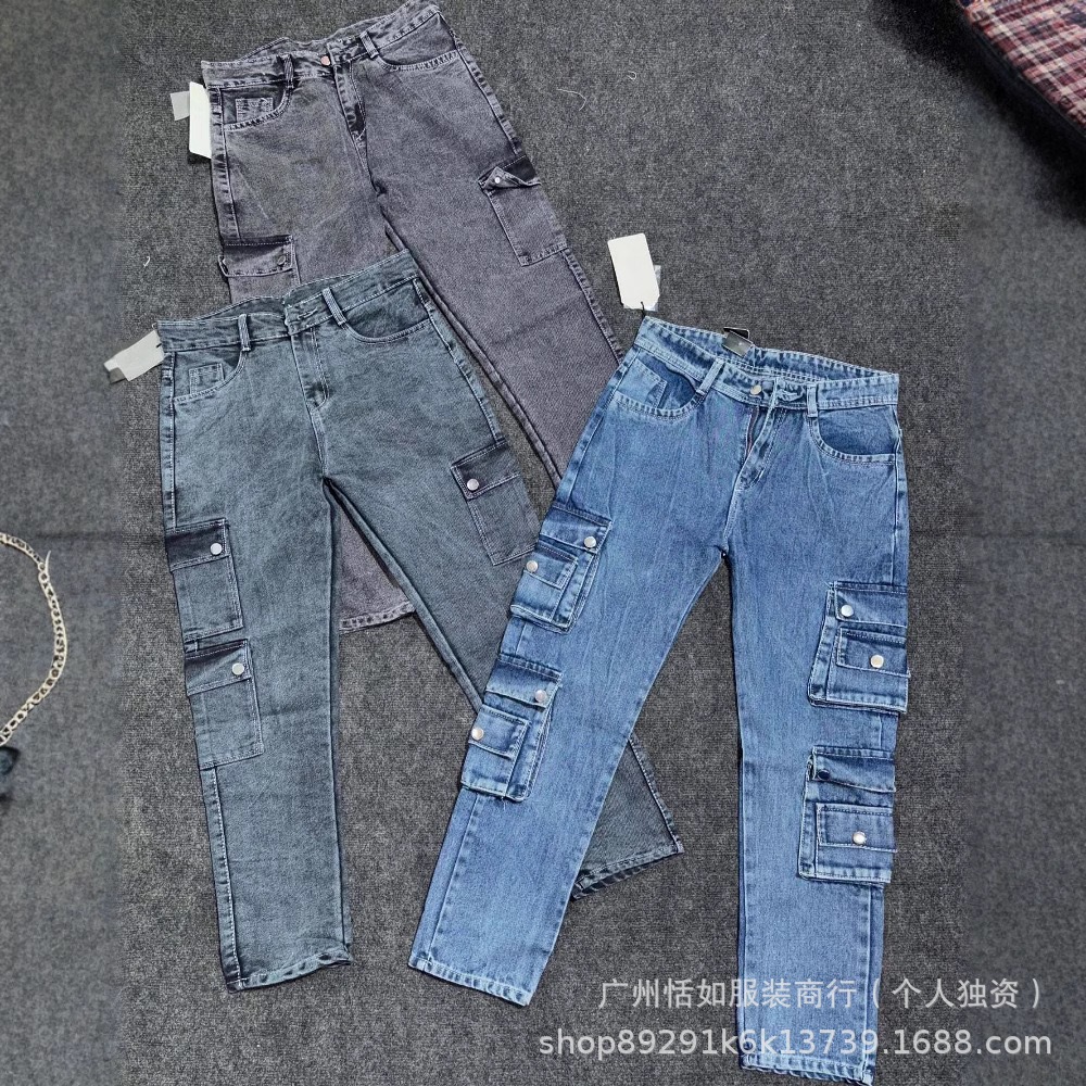 Men's jeans 欧美跨境款男士牛仔裤潮流口袋工装牛仔长裤外贸批发
