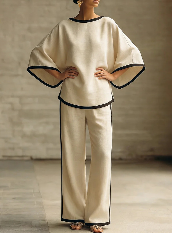 Women's Elegant Two Piece Set round Neck Batwing Sleeve Loose Fit Cotton Linen Top And Pants Outfit_ecoleips.com