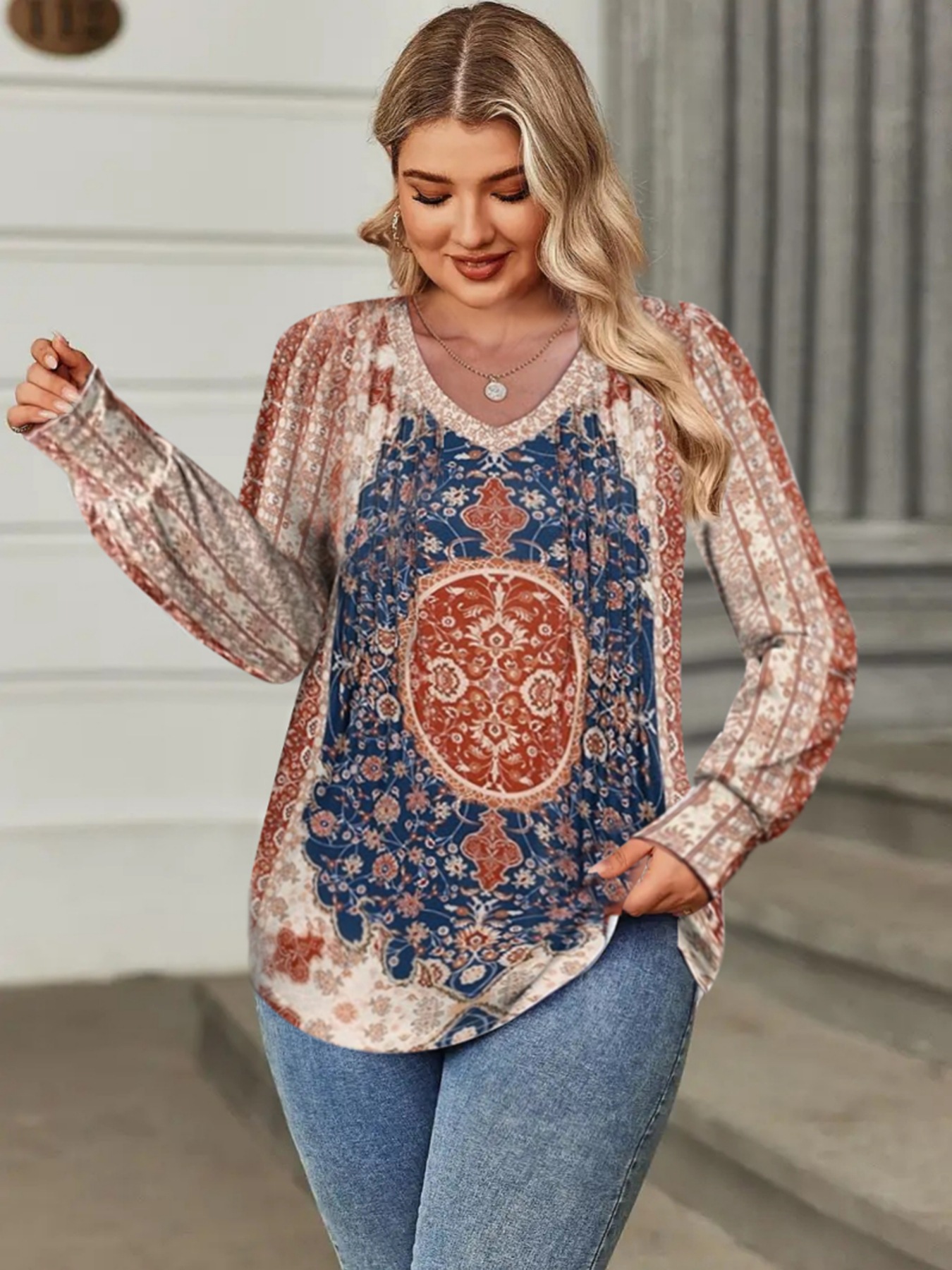 Europa y Estados Unidos trajes de mujer transfronterizos primavera y otoño estampados de cuello redondo camiseta de estilo retrógrado elegante viajes de ocio