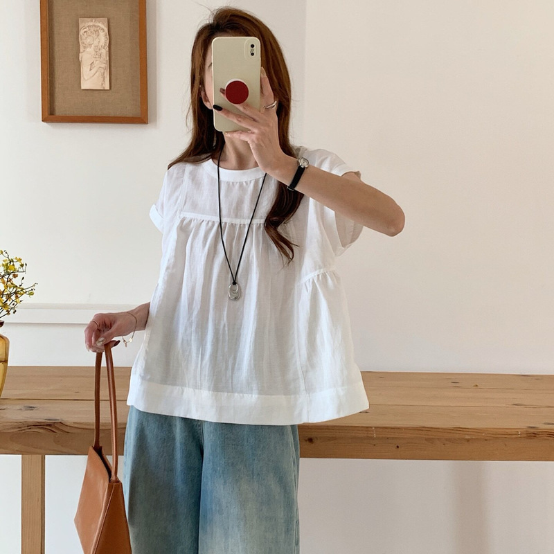 Original Design Kx Tencel Linen Fresh Patchwork Pleated Simple Blouse 95115 Original Design Kx Tencel Linen Fresh Patchwork Pleated Simple Blouse 95115