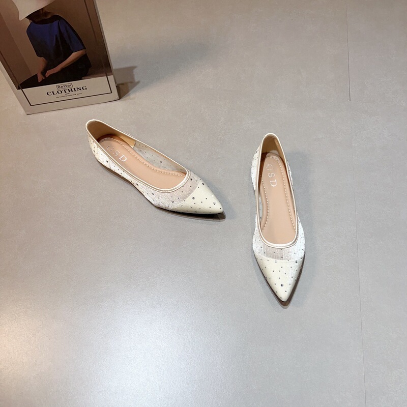 Gentle Style Hollow-Out Pointed-Toe Flat Shoes for Women, Spring and Summer Breathable Mesh Soft-Soled French-Style Rhinestone Flat Shoes for Women