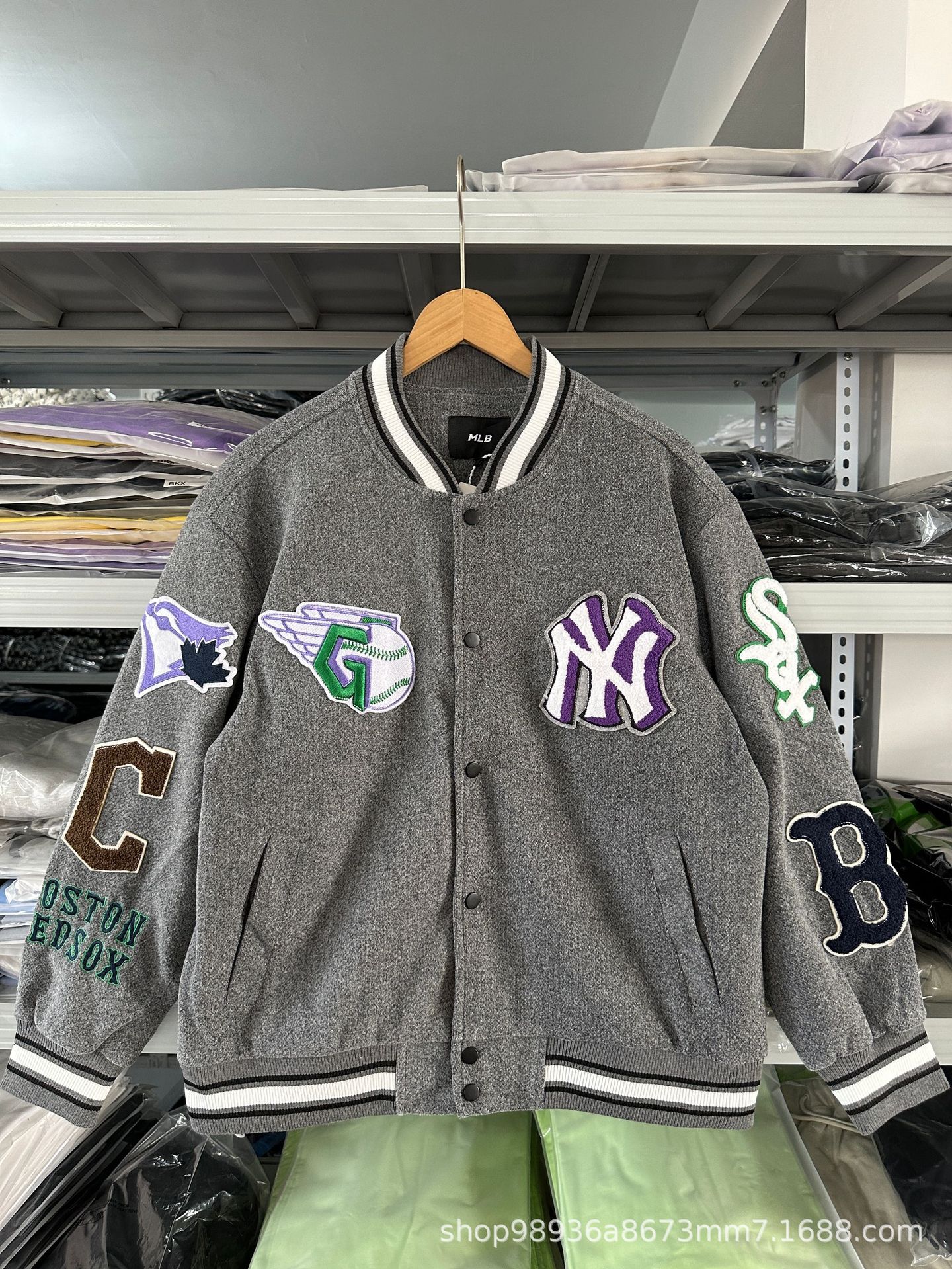 MLB棒球服毛呢运动宽松贴布刺绣条纹撞色单扣男女情侣款潮牌秋冬-阿里巴巴