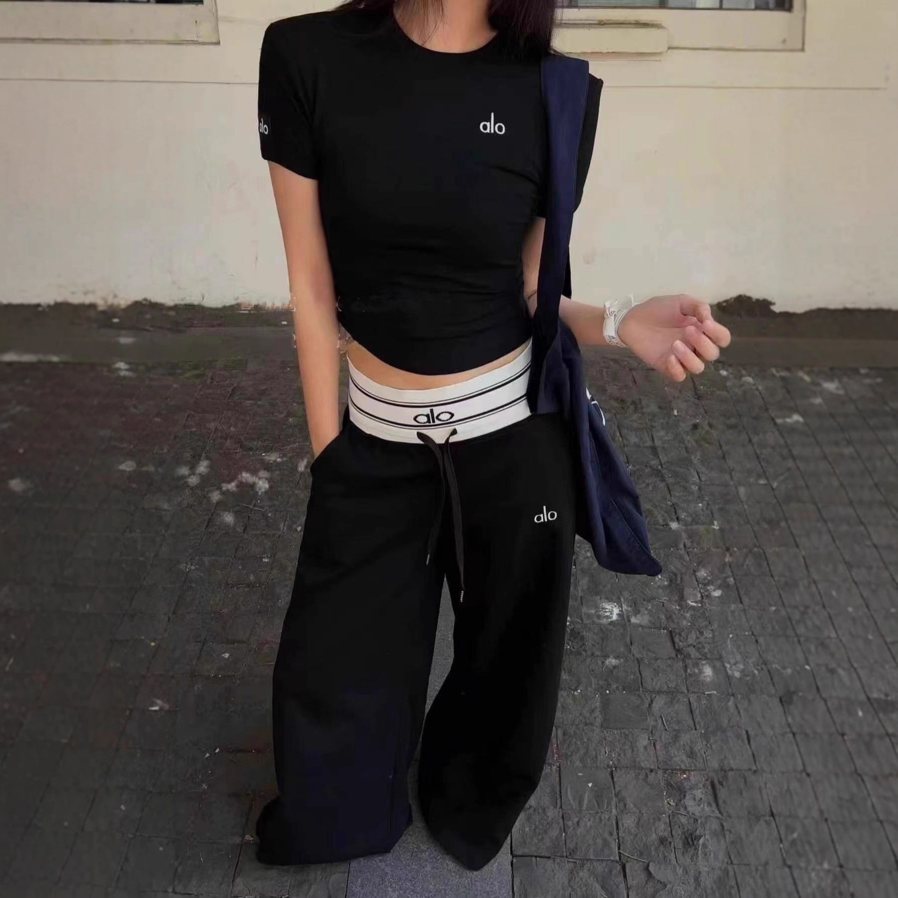 New Al Webbing Letter Stitching Wide-Leg Pants 25 Autum Fashion Casual High-Waist Drawstring Elastic Waist Pants for Women