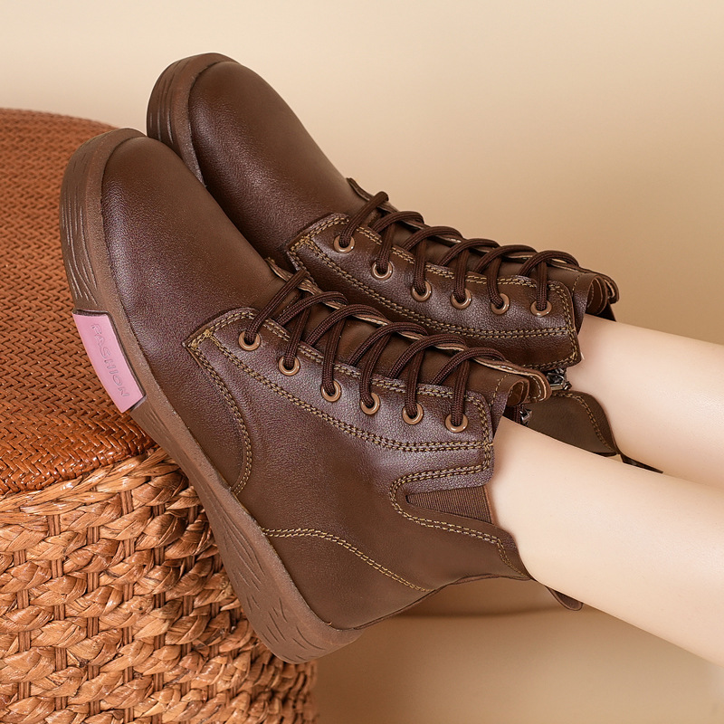 Zapatos de mujer Zhongfang2025 otoño y invierno nuevo cuero retro cordón medio botas cortas laterales con cremallera plana zapatos