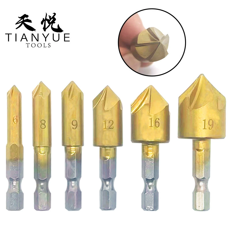 6 шт. Пятилезвийное устройство для снятия фаски 6-19 мм Шестигранная ручка нож для снятия фаски с титановым покрытием Деревообрабатывающий Открыватель отверстий Деревообрабатывающий зенковочный костюм