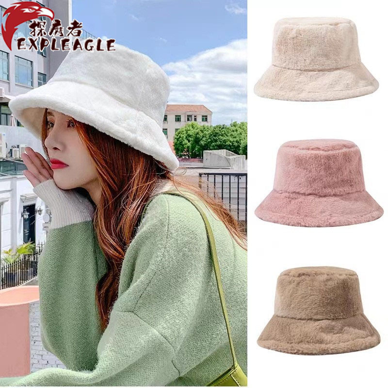 日系甜美兔毛水桶帽女秋冬可爱毛绒韩版百搭渔夫帽潮保暖加厚盆帽