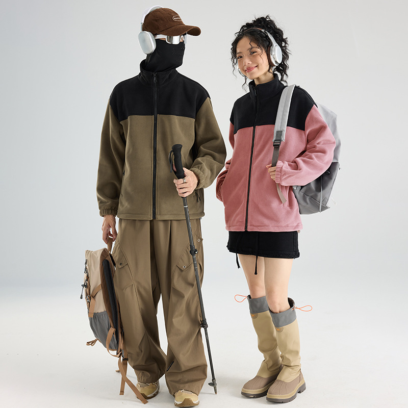 2910 invierno abrigo de grafeno abrigo de terciopelo pareja de cuello vertical empalmado chaqueta casual suelta