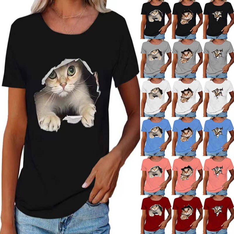 2024 Cross-Border Spring and Summer New Independent Station Amazon Ripped Cat Round Neck Fashionable Loose Short-Sleeved Women's T-Shirt 2024 Cross-Border Spring and Summer New Independent Station Amazon Ripped Cat Round Neck Fashionable Loose Short-Sleeved Women's T-Shirt