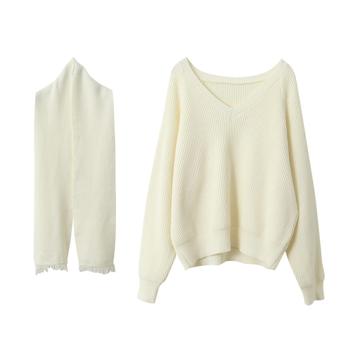 [Special Offer] Korean Style Relaxed Loose V-Neck Sweater + Scarf Two-Piece Set, Warm Knitwear