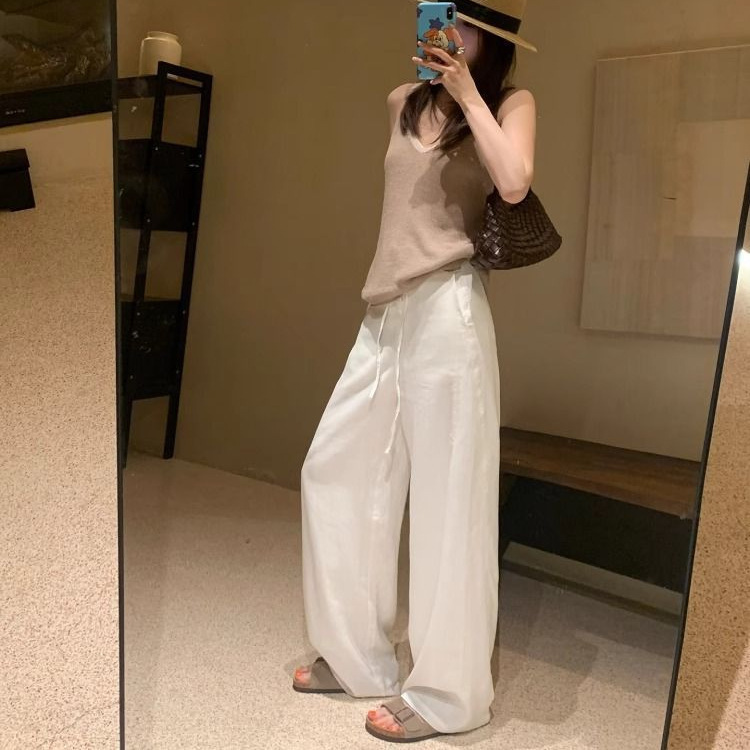 女性用クールテンセルパンツ 2025 夏の新スタイル軽くて通気性のあるストレートパンツヘリンボーン柄ドレープ多用途ワイドレッグパンツトレンディ|undefined
