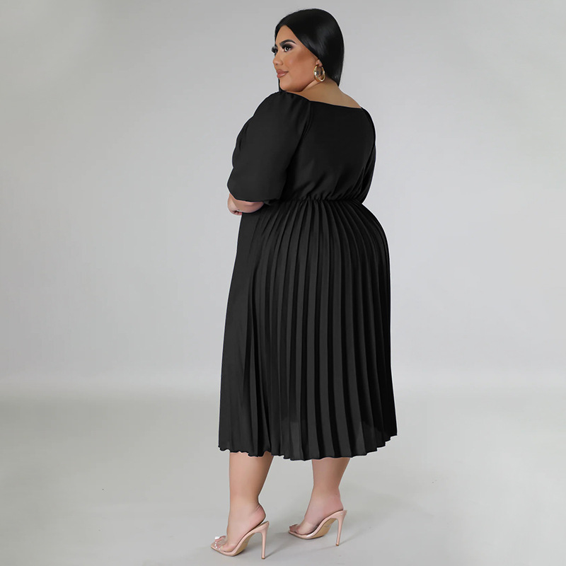 Pleated Skirt Streetwear V Neck Half Sleeve Solid Color Midi Dress Daily display picture 1