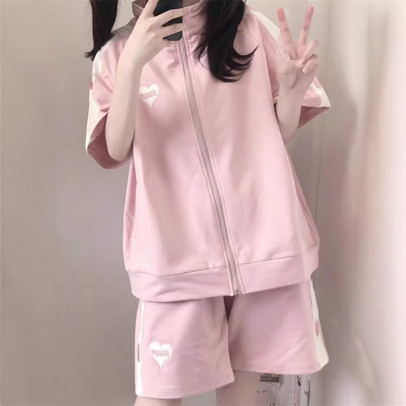 Cute Soft Girl Sportswear Suit for Women, Summer College Style Student Short-Sleeved Shorts, Loose, Fashionable and Casual Two-Piece Set
