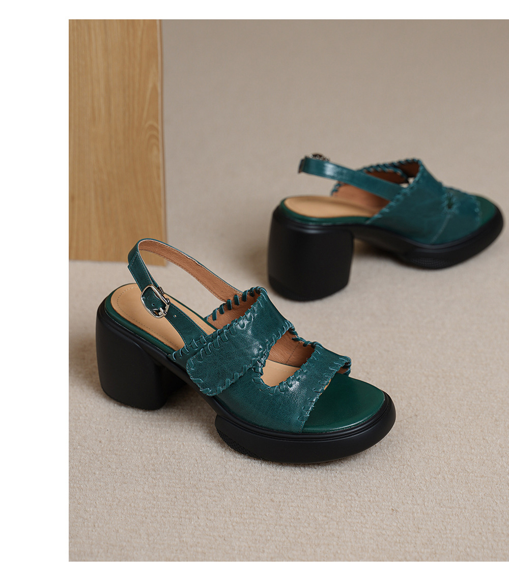 Sandal cao gót nữ hở mũi da bò gót vuông 8 cm đế dày — đen chi tiết 12