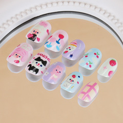 兒童穿戴甲短款可愛卡通動物美甲貼片24片可拆卸水果花朵假指甲片