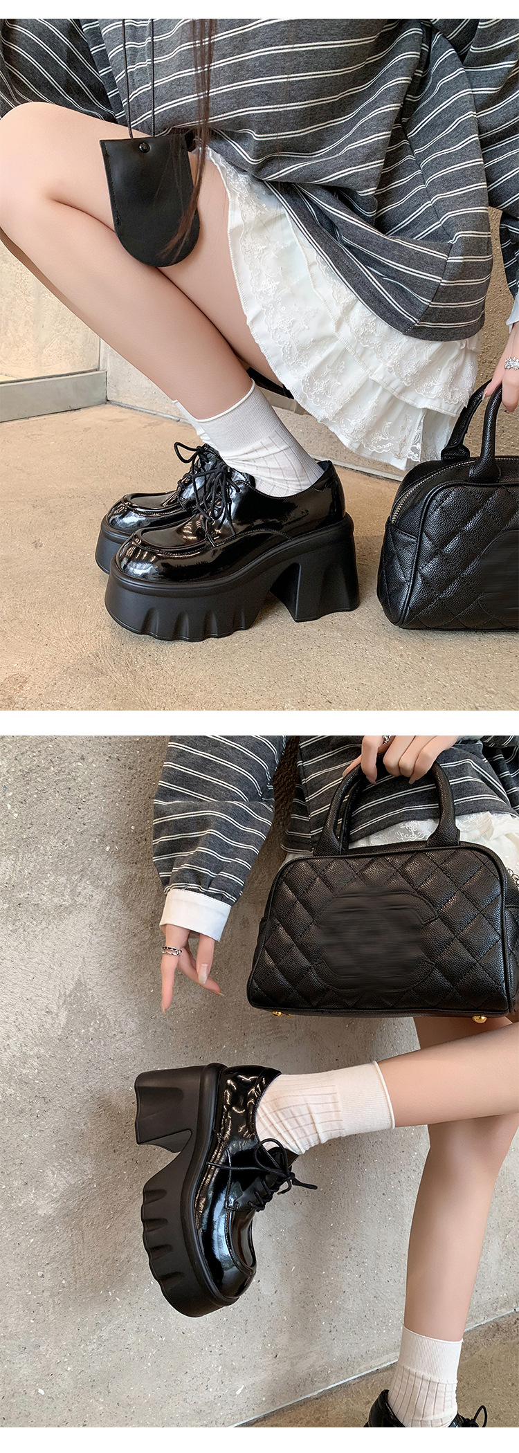 Giày loafer nữ đế xuồng platform gót vuông dây buộc da thật — màu đen, màu trắng ngà chi tiết 12