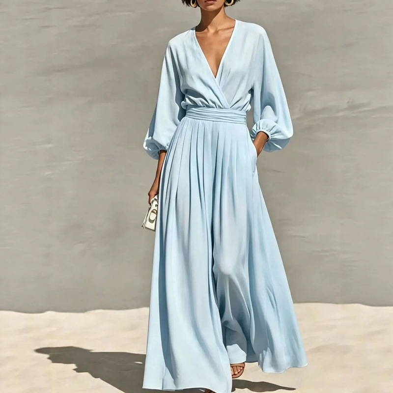 Foreign trade drapey resort-style dress with V-neck, wrap design, lantern sleeves, high waist, pleated waist, large hem, and pockets for women Foreign trade drapey resort-style dress with V-neck, wrap design, lantern sleeves, high waist, pleated waist, large hem, and pockets for women