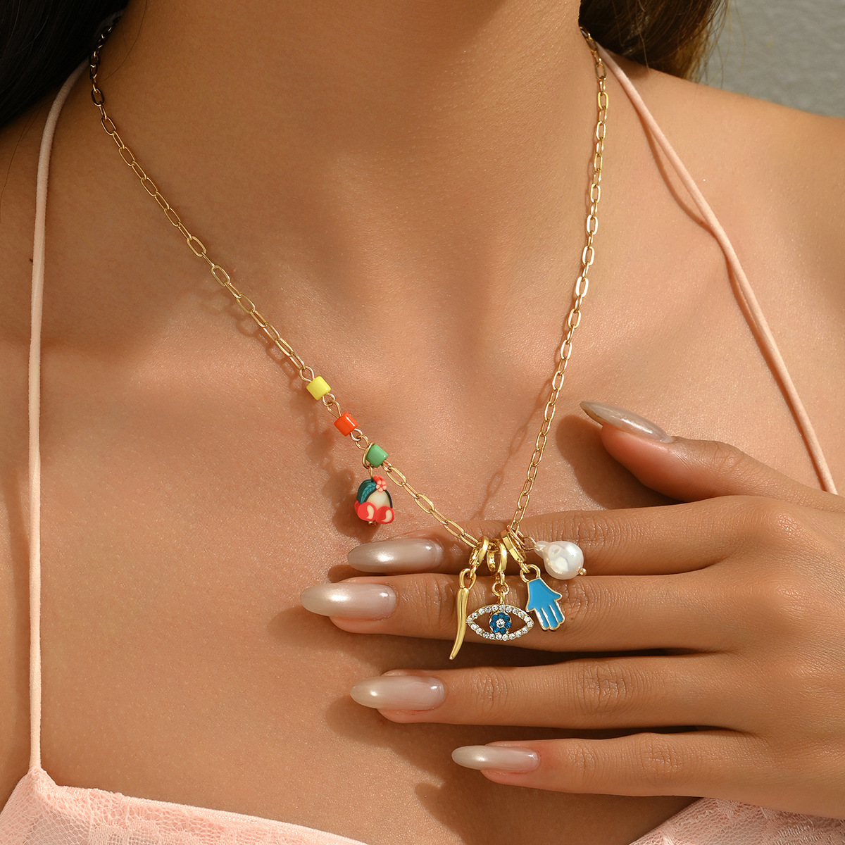 33g Weight Lobster Trigger Clasp Closure Clasp Closure Type Wholesale Jewelry Vintage Style Geometric Devil's Eye Palm Copper Plating Cable Chain Multi Charms Necklace