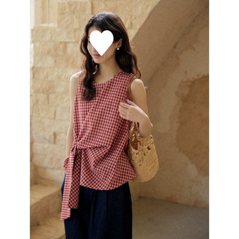 Mixabo Red Plaid Sleeveless Shirt for Women, Summer Design with Tie-Up Twist Waist Vest Top Mixabo Red Plaid Sleeveless Shirt for Women, Summer Design with Tie-Up Twist Waist Vest Top