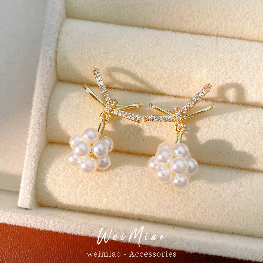 14 quilates de oro real chapado aguja de plata zircon arco perla pendientes temperamento pendientes de nicho ligero lujo alta sensación de pendientes image 4