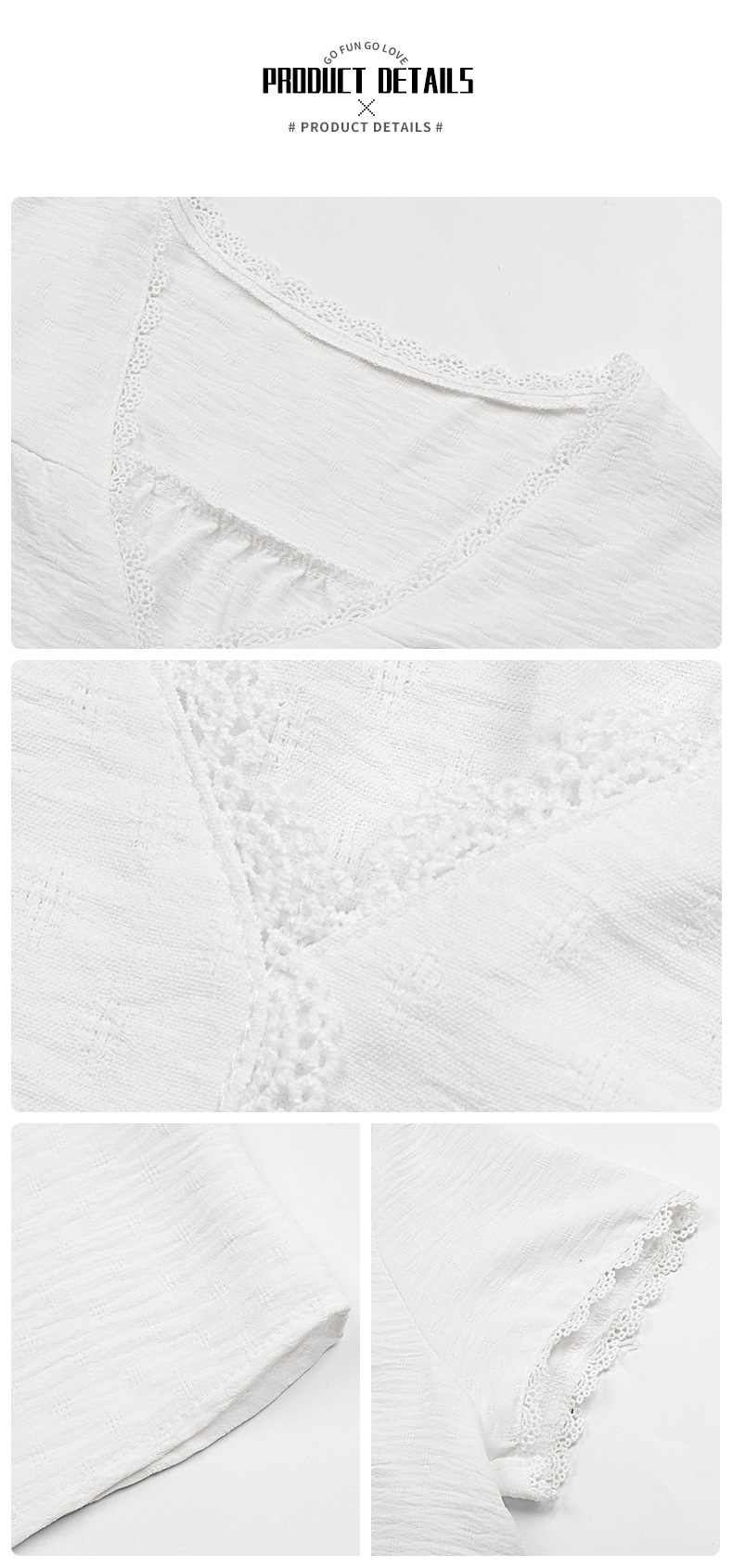 White Lace Stitching V-neck Short Sleeves Shirt_voghion.com