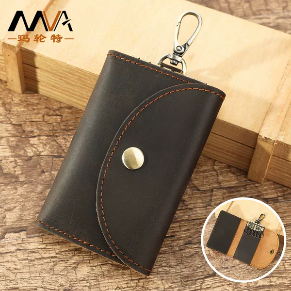 Retro Crazy Horse Leather Buckle Key Bag High-End New Car Key Bag with Card Slot Compact Portable Key Storage Bag