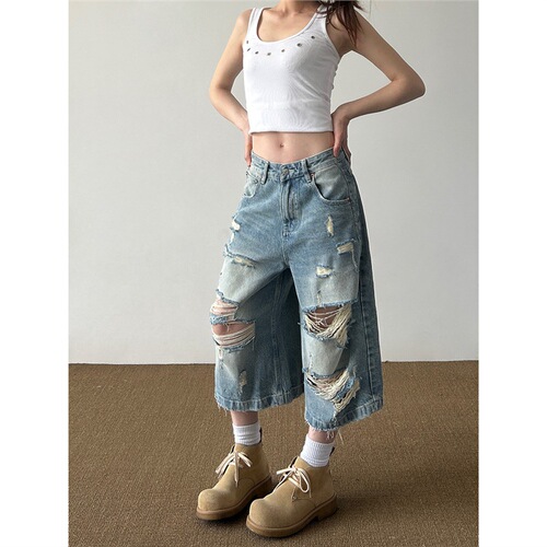 American Retro High Street Worn Hole Denim Seven-Tenth Pants Men and Women Loose Slim Legged Casual 7-Tenth Pants 