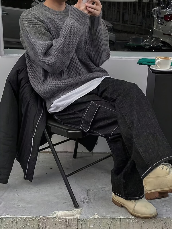 秋冬热卖！韩系 ins 风爆款！宽松圆领灰色针织衫男士百搭款 现货|undefined