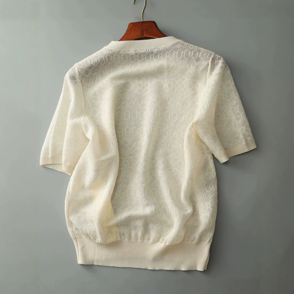 Áo thun nữ tay ngắn ren jacquard Hàn Quốc — đen chi tiết 3