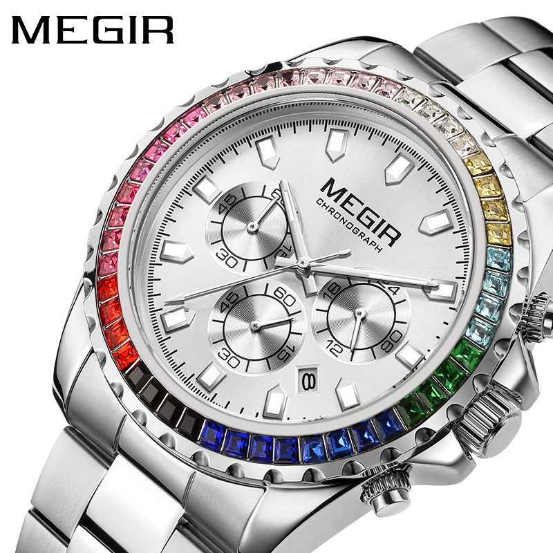 Orologio da uomo al quarzo con lunetta arcobaleno tempestata di diamanti, impermeabile e con calendario luminoso._voghion.com