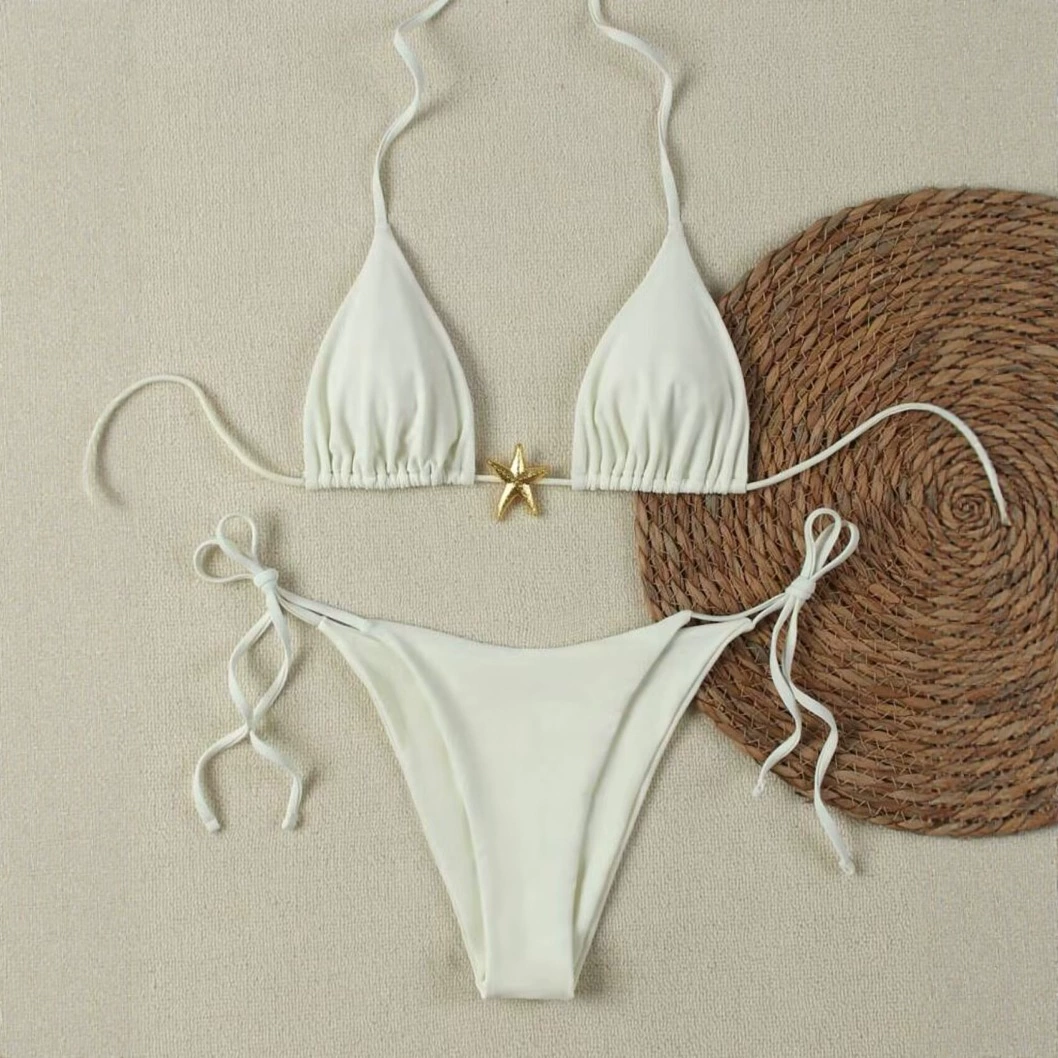 2025 кросс-граничный экспортный купальник для женщин однотонный сексуальный кружевной купальник с открытой спиной и разрезом трехчастный бикини