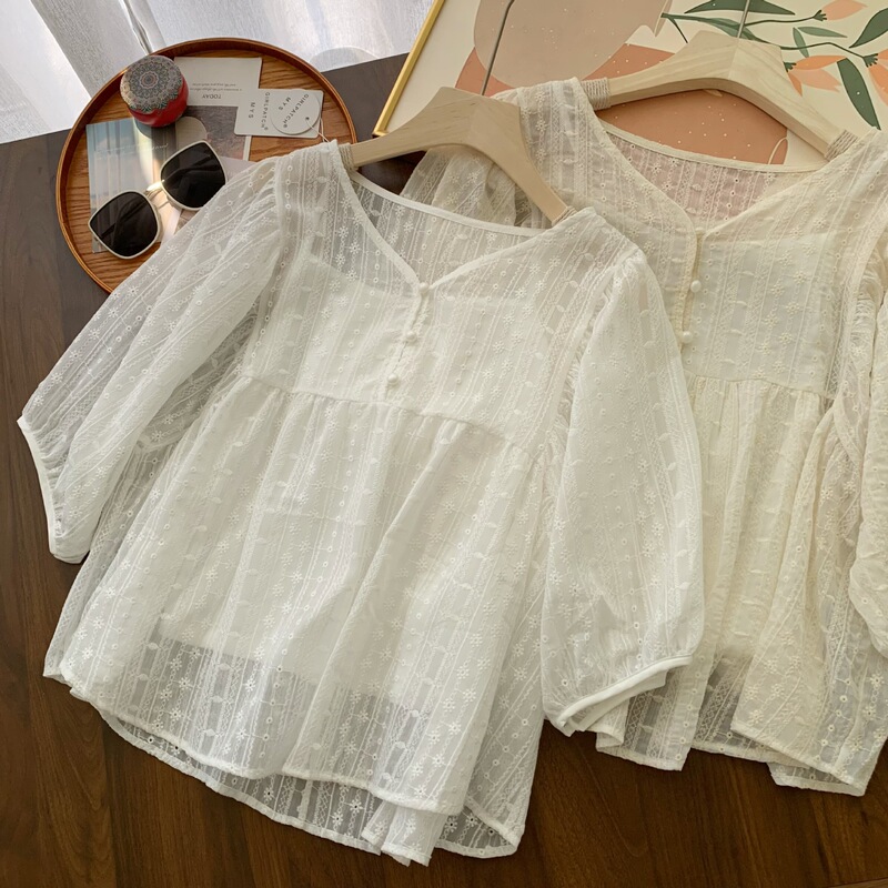 White Hollow-out V-neck Puff Sleeve Shirt Women's Summer Simple Camisole Mix Style Top Two-piece Suit