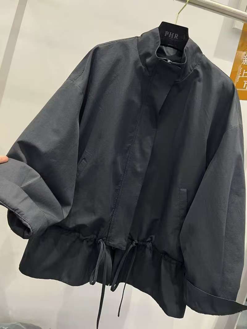 ng2510292 European Style 2026 Spring New Stand Collar Zipper Drawstring Fashionable Loose Casual Mid-Length Trench Coat Women's_ecoleips.com