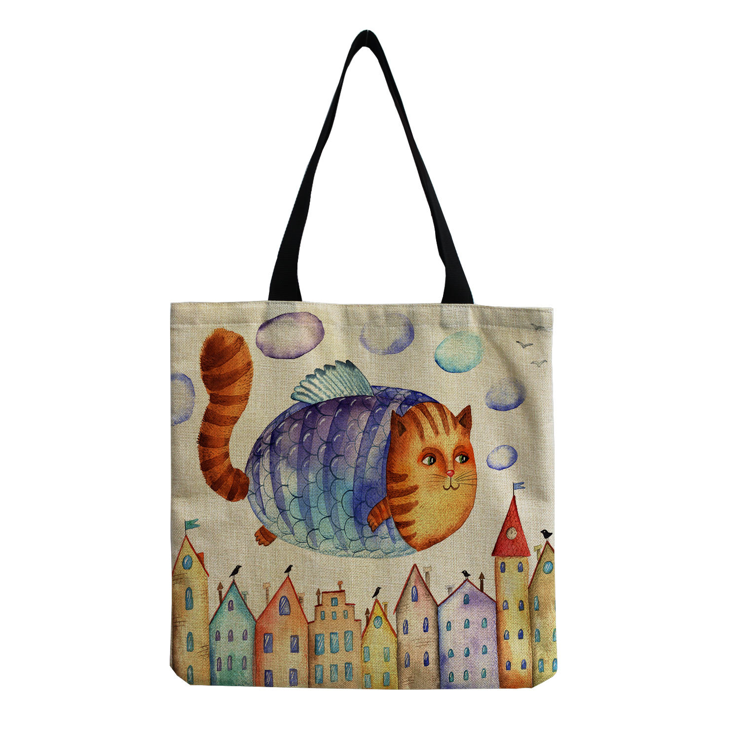 61g Weight Open Closure Type Double Handle Strap Type Tote Bag Bags Type Casual, Daily, Shopping Occasion cotton and linen Material Cat Pattern All Seasons Season Women's Gender Cute Style Square Shape Women's Cotton And Linen Cat Cute Square Open Tote Bag 9