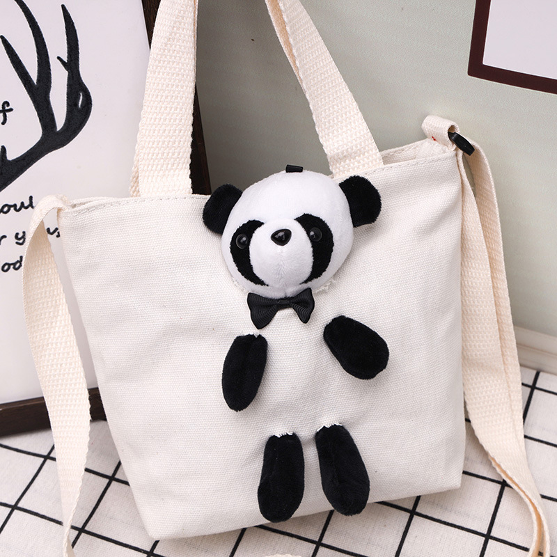 外貿批發小熊貓包包帆布斜跨包2022新款帆布熊貓手提包壹件代發