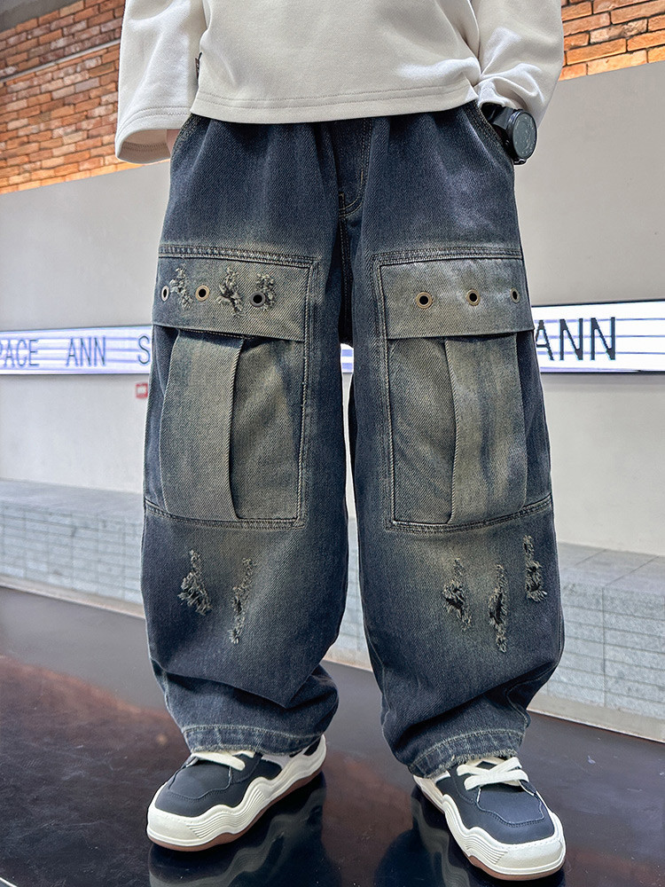 Jeans a gamba larga effetto used per bambine - Vita elasticizzata, comodo misto cotone, stile streetwear alla moda (120 cm-170 cm)_voghion.com