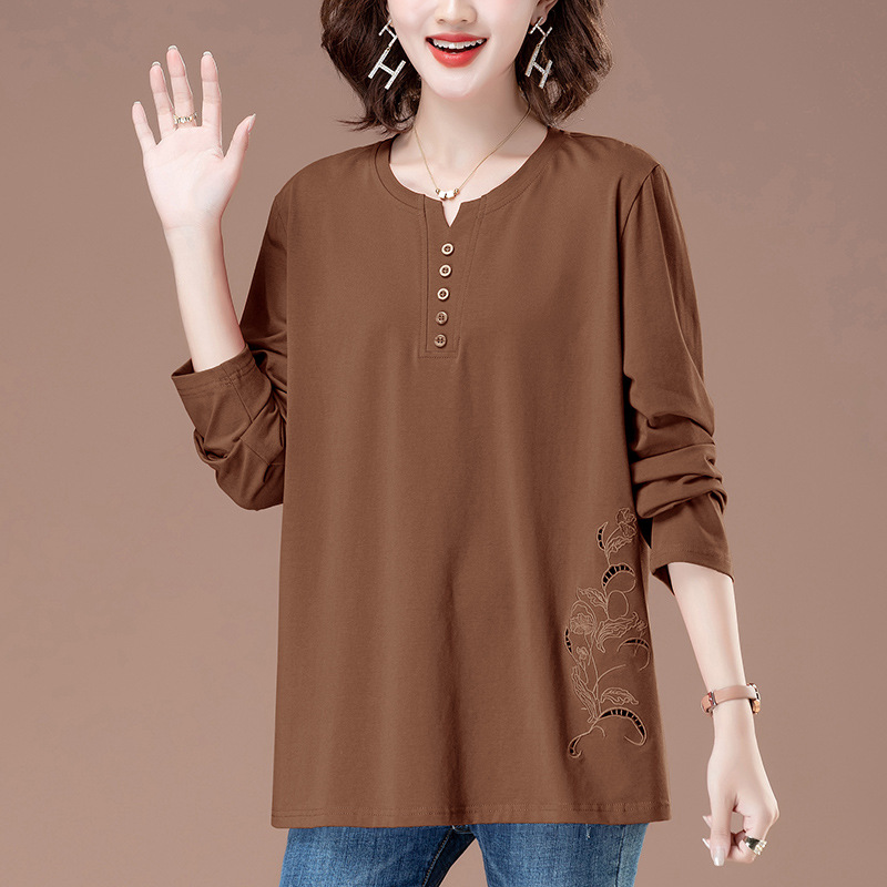 妈妈秋装新款宽松加肥加大码T恤女200斤长袖中长款中老年女装上衣